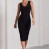 Out Of Love | Black Ruched Bodycon Plunge-Neck Midi Dress -ENY Clothing Shop WB CL132053002 OutOfLoveBlackRuchedBodyconPlunge NeckMidiDress0