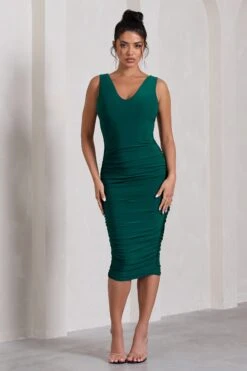 Out Of Love | Bottle Green Ruched Bodycon Plunge-Neck Midi Dress -ENY Clothing Shop WB CL132053047 OutOfLoveBottleGreenRuchedBodyconPlunge NeckMidiDress0