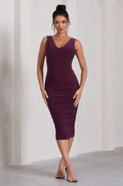 Out Of Love | Plum Ruched Bodycon Plunge-Neck Midi Dress -ENY Clothing Shop WB CL132053101 OutOfLovePlumRuchedBodyconPlunge NeckMidiDress0