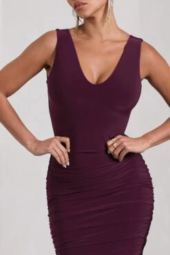 Out Of Love | Plum Ruched Bodycon Plunge-Neck Midi Dress -ENY Clothing Shop WB CL132053101 OutOfLovePlumRuchedBodyconPlunge NeckMidiDress6