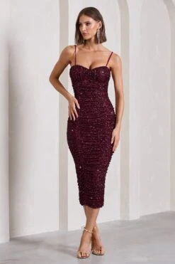 New Energy | Plum Sequin Strappy Ruched Bodycon Midi Dress -ENY Clothing Shop WB CL132055101 NewEnergyPlumSequinStrappyRuchedBodyconMidiDress1