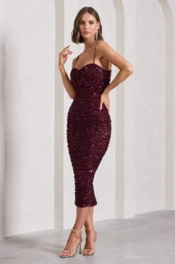 New Energy | Plum Sequin Strappy Ruched Bodycon Midi Dress -ENY Clothing Shop WB CL132055101 NewEnergyPlumSequinStrappyRuchedBodyconMidiDress5