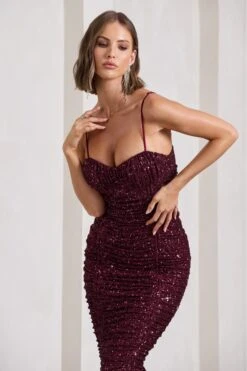 New Energy | Plum Sequin Strappy Ruched Bodycon Midi Dress -ENY Clothing Shop WB CL132055101 NewEnergyPlumSequinStrappyRuchedBodyconMidiDress9