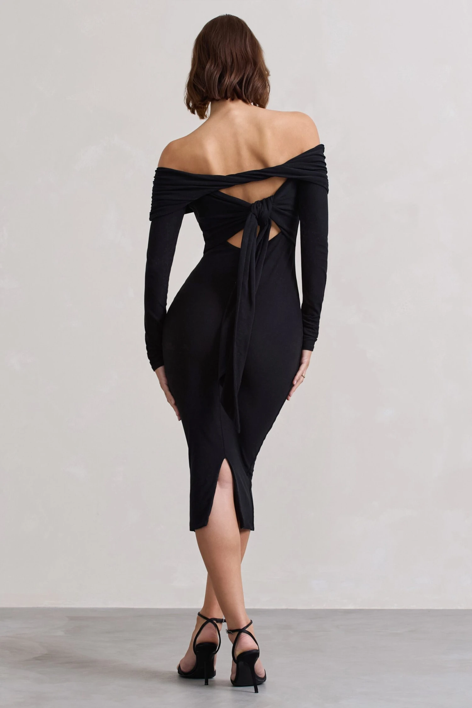 Intercept | Black Bodycon Bardot Tie-Back Midi Dress 4 Intercept | Black Bodycon Bardot Tie-Back Midi Dress - Image 2