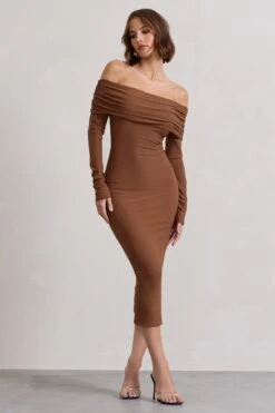 Intercept | Brown Bodycon Bardot Tie-Back Midi Dress 11 Intercept | Brown Bodycon Bardot Tie-Back Midi Dress -ENY Clothing Shop WB CL132260173 InterceptBrownBodyconBardotTie BackMidiDress0