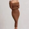 Intercept | Brown Bodycon Bardot Tie-Back Midi Dress -ENY Clothing Shop WB CL132260173 InterceptBrownBodyconBardotTie BackMidiDress2