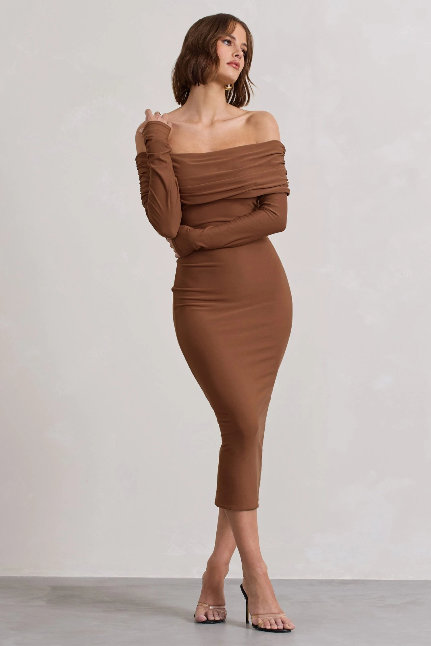 Intercept | Brown Bodycon Bardot Tie-Back Midi Dress 3 Intercept | Brown Bodycon Bardot Tie-Back Midi Dress