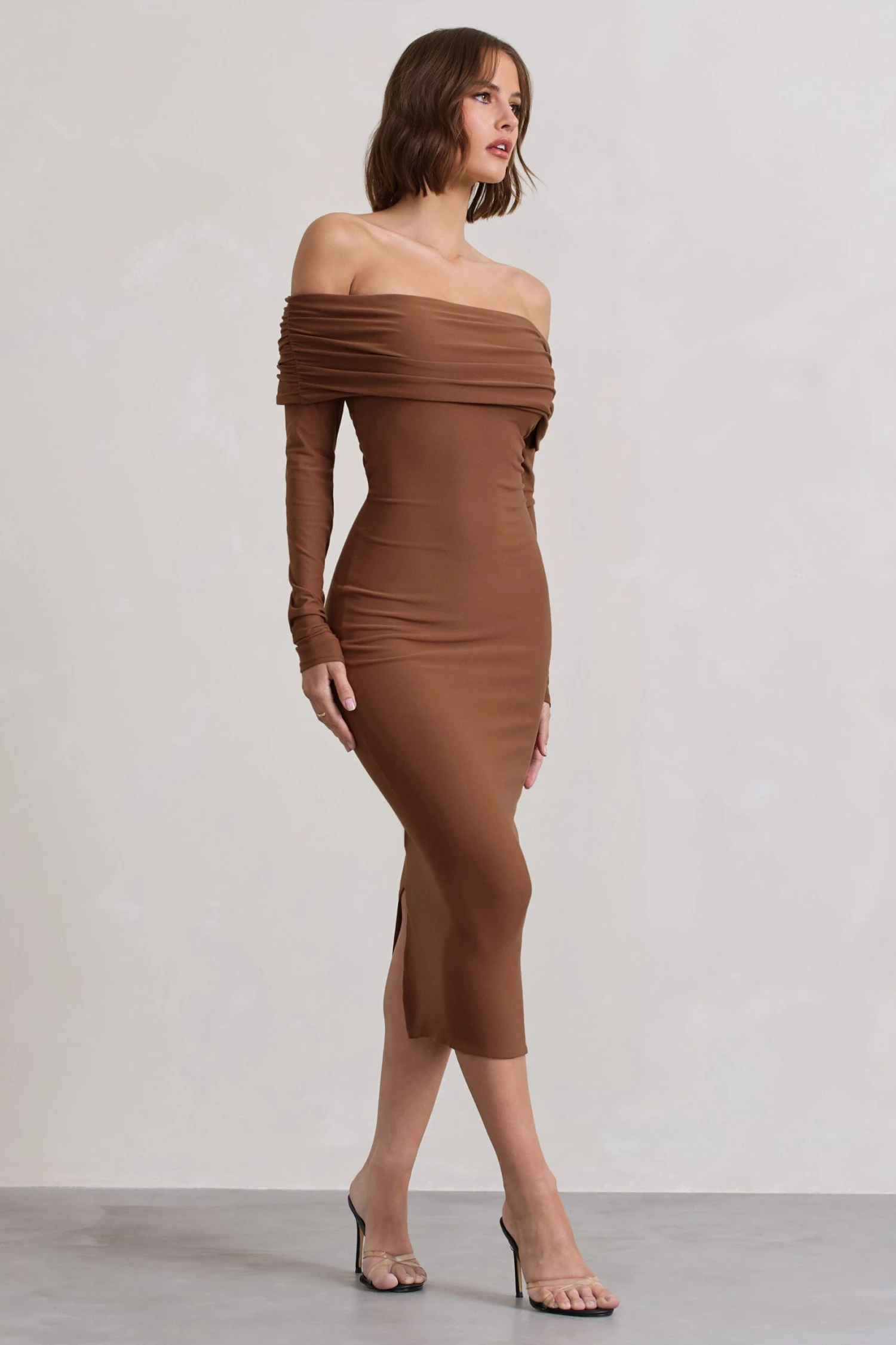 Intercept | Brown Bodycon Bardot Tie-Back Midi Dress 6 Intercept | Brown Bodycon Bardot Tie-Back Midi Dress - Image 4