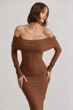 Intercept | Brown Bodycon Bardot Tie-Back Midi Dress 9 Intercept | Brown Bodycon Bardot Tie-Back Midi Dress -ENY Clothing Shop WB CL132260173 InterceptBrownBodyconBardotTie BackMidiDress9