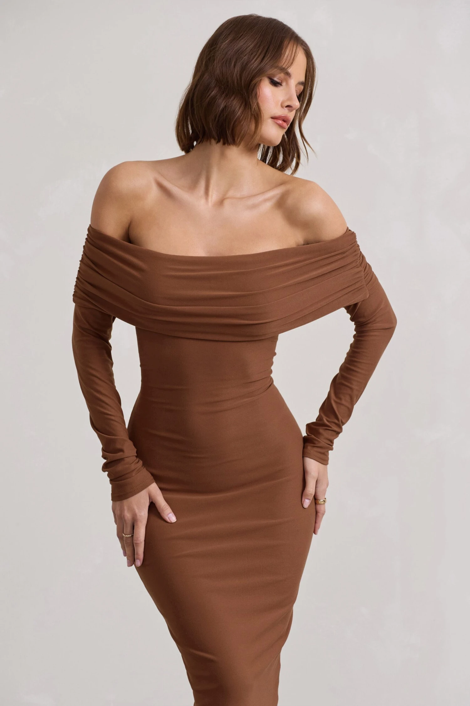 Intercept | Brown Bodycon Bardot Tie-Back Midi Dress 5 Intercept | Brown Bodycon Bardot Tie-Back Midi Dress - Image 3