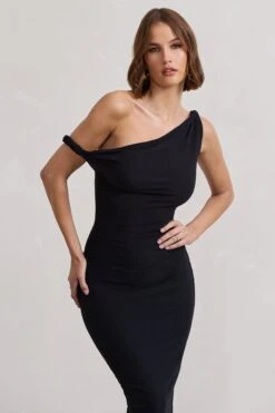 Salome | Black Twisted Asymmetric Midi Dress -ENY Clothing Shop WB CL132261002 SalomeBlackTwistedAsymmetricMidiDress7