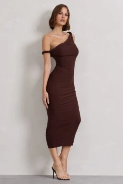 Salome | Chocolate Brown Twisted Asymmetric Midi Dress -ENY Clothing Shop WB CL132261171 SalomeChocolateBrownTwistedAsymmetricMidiDress6