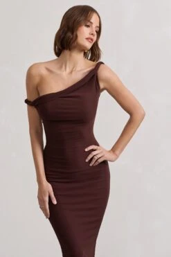 Salome | Chocolate Brown Twisted Asymmetric Midi Dress -ENY Clothing Shop WB CL132261171 SalomeChocolateBrownTwistedAsymmetricMidiDress7