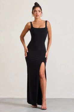 Elle | Black Square-Neck Open-Back Split Maxi Dress -ENY Clothing Shop WB CL133020002 ElleBlackSquare NeckOpen BackSplitMaxiDress0