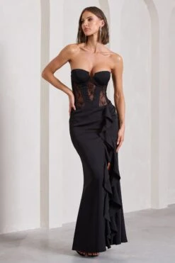 Attention Please | Black Strapless Lace Panelled Corset Split Maxi Dress -ENY Clothing Shop WB CL133022002 AttentionPleaseBlackStraplessLacePanelledCorsetSplitMaxiDress2