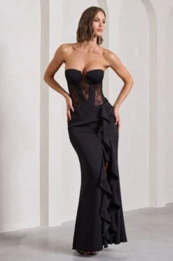 Attention Please | Black Strapless Lace Panelled Corset Split Maxi Dress -ENY Clothing Shop WB CL133022002 AttentionPleaseBlackStraplessLacePanelledCorsetSplitMaxiDress4