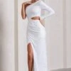 Reflection | White Embellished Cut-Out Asymmetric Split Maxi Dress