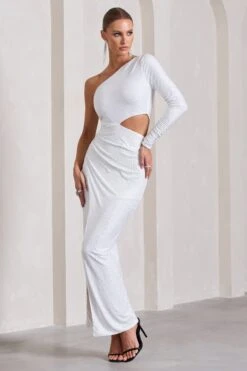 Reflection | White Embellished Cut-Out Asymmetric Split Maxi Dress 10 Reflection | White Embellished Cut-Out Asymmetric Split Maxi Dress -ENY Clothing Shop WB CL133025013 ReflectionSilverEmbellishedCut OutAsymmetricSplitMaxiDress4