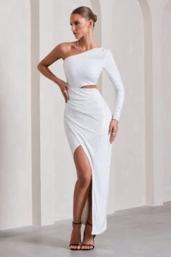 Reflection | White Embellished Cut-Out Asymmetric Split Maxi Dress 11 Reflection | White Embellished Cut-Out Asymmetric Split Maxi Dress -ENY Clothing Shop WB CL133025013 ReflectionSilverEmbellishedCut OutAsymmetricSplitMaxiDress5