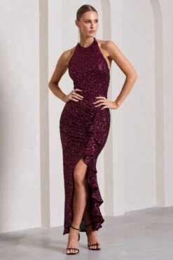 Under The Stars | Plum Sequin High-Neck Open-Back Maxi Dress With Drape -ENY Clothing Shop WB CL133029101 UnderTheStarsPlumSequinHigh NeckOpen BackMaxiDressWithDrape0