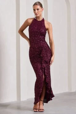 Under The Stars | Plum Sequin High-Neck Open-Back Maxi Dress With Drape -ENY Clothing Shop WB CL133029101 UnderTheStarsPlumSequinHigh NeckOpen BackMaxiDressWithDrape2