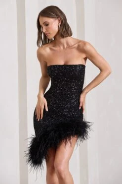 Nicki | Black Sequin Bandeau Midi Dress With Asymmetric Feather Trim -ENY Clothing Shop WB CL133032002 NickiBlackSequinBandeauMidiDressWithAsymmetricFeatherTrim11