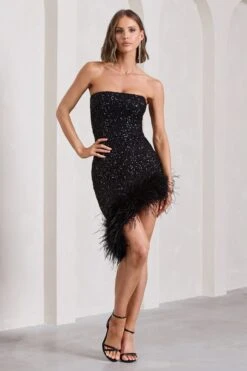 Nicki | Black Sequin Bandeau Midi Dress With Asymmetric Feather Trim -ENY Clothing Shop WB CL133032002 NickiBlackSequinBandeauMidiDressWithAsymmetricFeatherTrim5