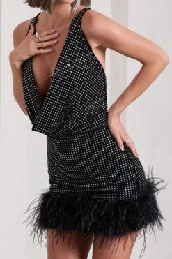 Mirror Me | Black Velvet Embellished Cowl-Neck Mini Dress With Feather Trim -ENY Clothing Shop WB CL133034002 MirrorMeBlackVelvetEmbellishedCowl NeckMiniDressWithFeatherTrim12