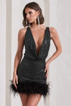 Mirror Me | Black Velvet Embellished Cowl-Neck Mini Dress With Feather Trim -ENY Clothing Shop WB CL133034002 MirrorMeBlackVelvetEmbellishedCowl NeckMiniDressWithFeatherTrim5