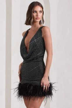 Mirror Me | Black Velvet Embellished Cowl-Neck Mini Dress With Feather Trim -ENY Clothing Shop WB CL133034002 MirrorMeBlackVelvetEmbellishedCowl NeckMiniDressWithFeatherTrim9