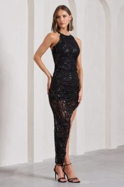 Caught My Eye | Black Sequin Asymmetric Strappy Maxi Dress -ENY Clothing Shop WB CL133037002 CaughtMyEyeBlackSequinAsymmetricStrappyMaxiDressWithFlower7