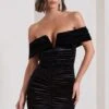 Little Glint | Black Velvet Ruched Bardot V-Neck Mini Dress -ENY Clothing Shop WB CL133038002 LittleGlintBlackVelvetRuchedBardotV NeckMiniDress1