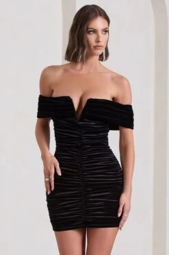 Little Glint | Black Velvet Ruched Bardot V-Neck Mini Dress -ENY Clothing Shop WB CL133038002 LittleGlintBlackVelvetRuchedBardotV NeckMiniDress2