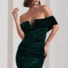Little Glint | Bottle Green Velvet Ruched Bardot V-Neck Mini Dress -ENY Clothing Shop WB CL133038047 LittleGlintBottleGreenVelvetRuchedBardotV NeckMiniDress3copy