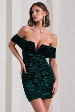 Little Glint | Bottle Green Velvet Ruched Bardot V-Neck Mini Dress -ENY Clothing Shop WB CL133038047 LittleGlintBottleGreenVelvetRuchedBardotV NeckMiniDress4copy