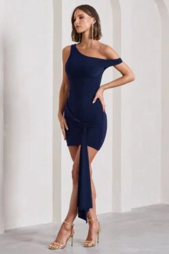 Arielle | Navy Asymmetric Mini Dress With Tie Sash -ENY Clothing Shop WB CL133054015 ArielleNavyAsymmetricMiniDressWithTieSash6
