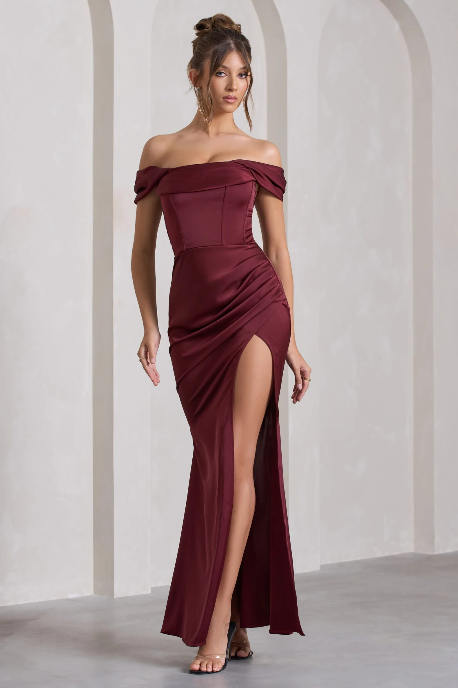 Kimberly | Burgundy Bardot Fishtail Satin Maxi Dress 4 Kimberly | Burgundy Bardot Fishtail Satin Maxi Dress - Image 2