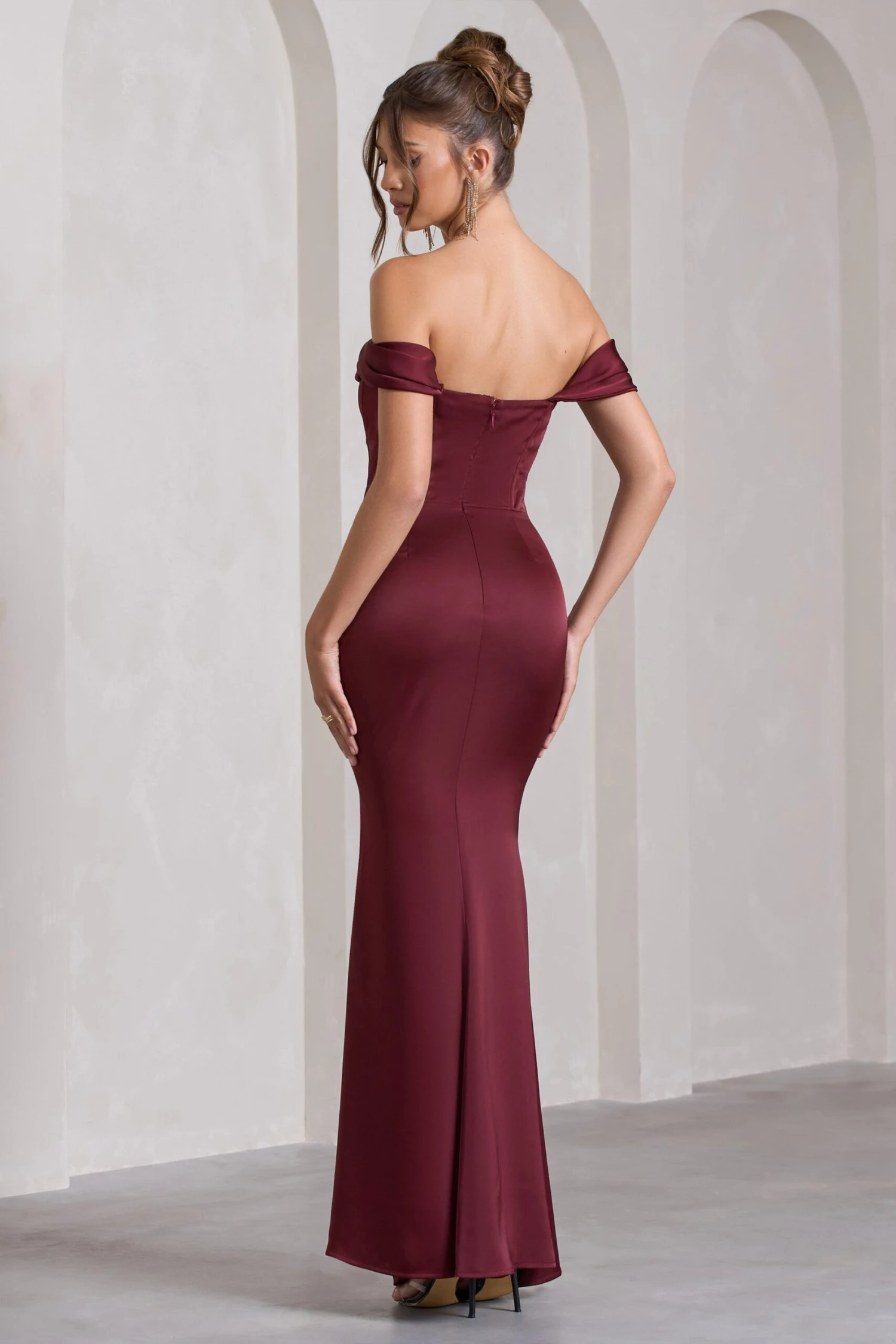 Kimberly | Burgundy Bardot Fishtail Satin Maxi Dress 6 Kimberly | Burgundy Bardot Fishtail Satin Maxi Dress - Image 4