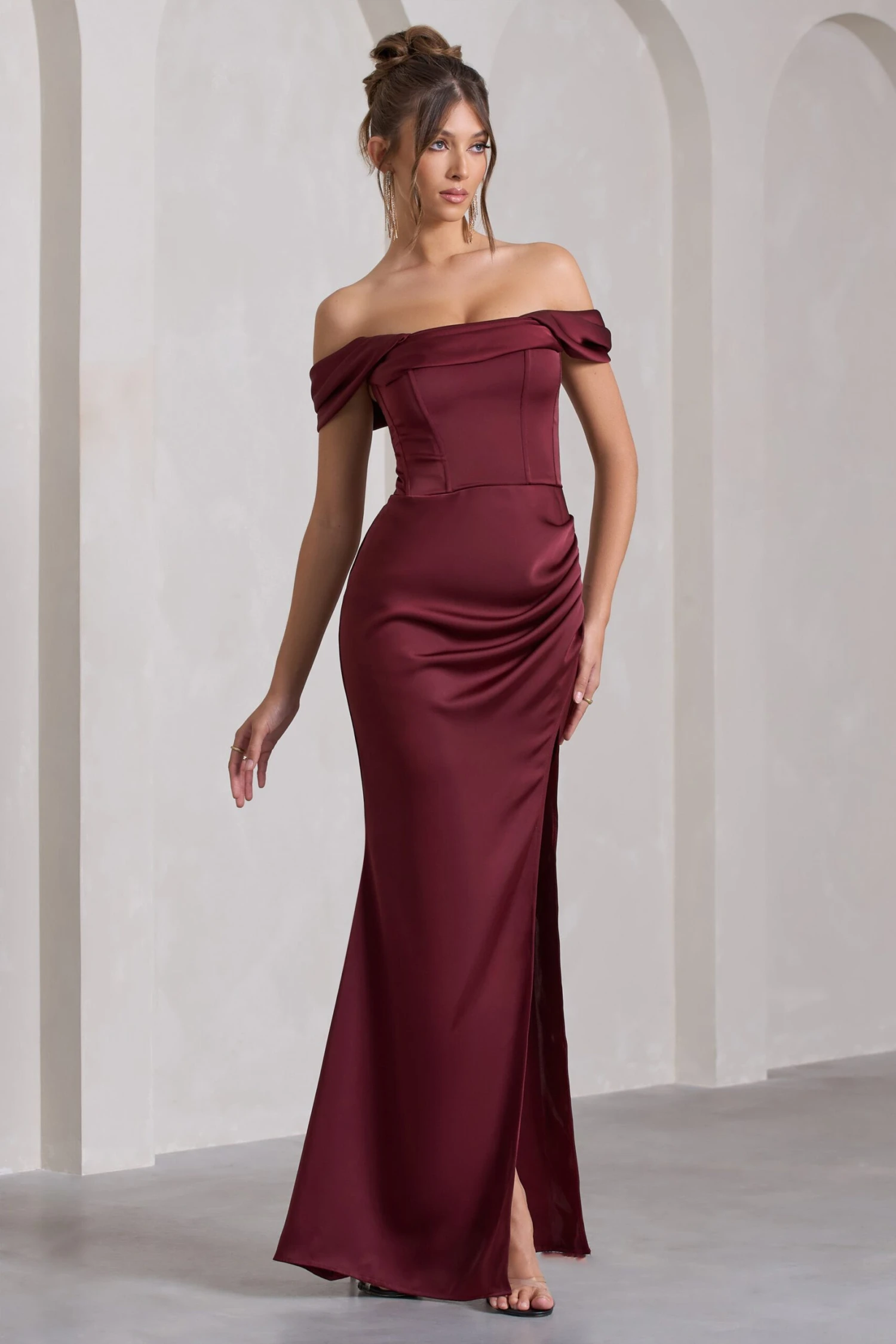 Kimberly | Burgundy Bardot Fishtail Satin Maxi Dress 3 Kimberly | Burgundy Bardot Fishtail Satin Maxi Dress