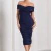 Amanda | Navy Twisted Wrap Bardot Midi Dress -ENY Clothing Shop WB CL133099015 AmandaNavyTwistedWrapBardotMidiDress4