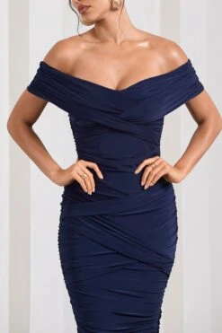 Amanda | Navy Twisted Wrap Bardot Midi Dress -ENY Clothing Shop WB CL133099015 AmandaNavyTwistedWrapBardotMidiDress5