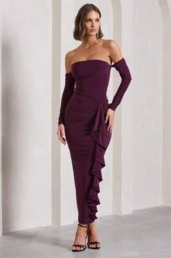 Montana | Plum Bardot Ruffle Maxi Dress 10 Montana | Plum Bardot Ruffle Maxi Dress -ENY Clothing Shop WB CL133102101 MontanaPlumBardotRuffleMaxiDress1