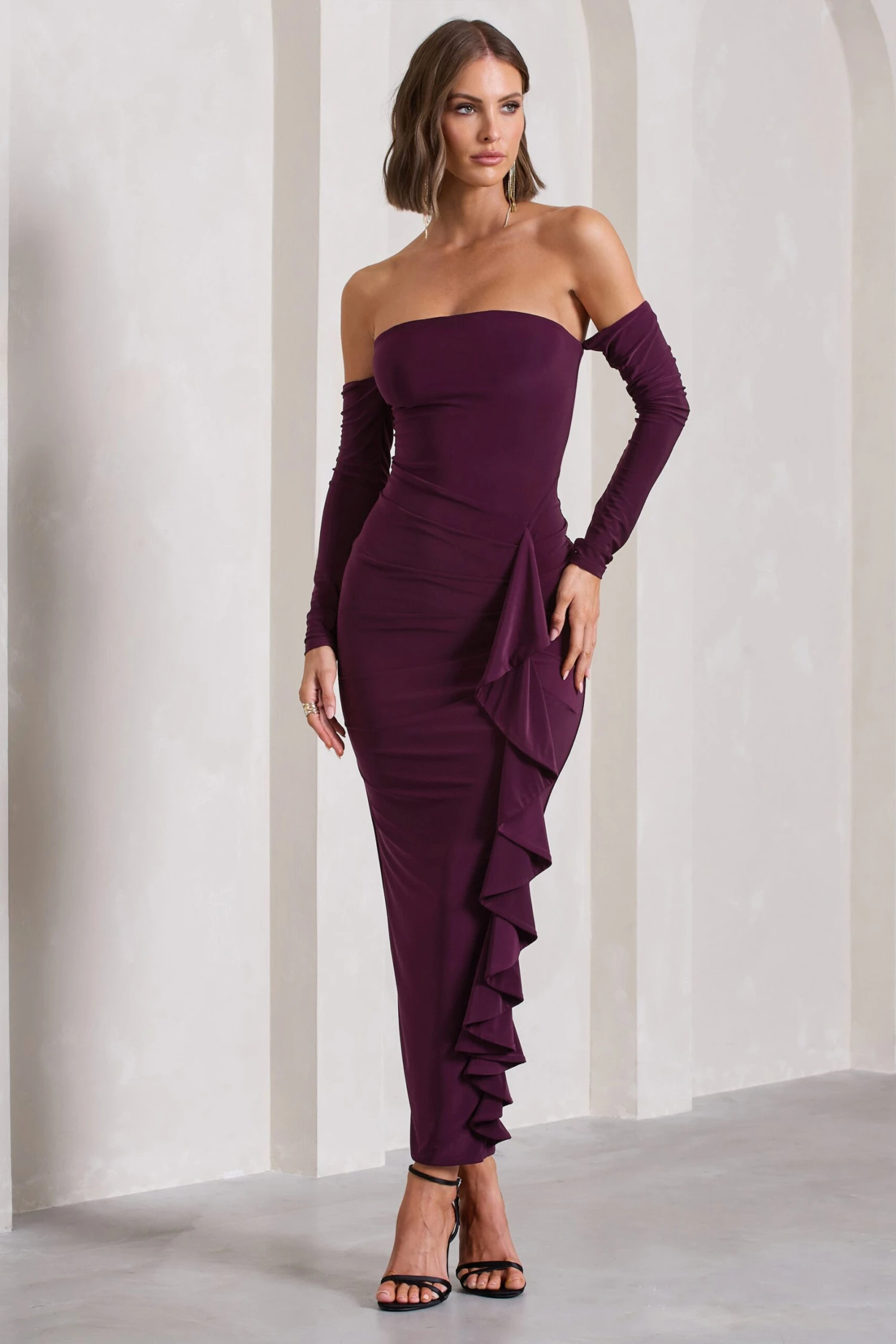 Montana | Plum Bardot Ruffle Maxi Dress 6 Montana | Plum Bardot Ruffle Maxi Dress - Image 4