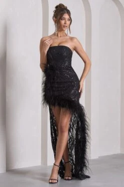 Down The Line | Black Sequin Bandeau Split Maxi Dress With Feather Trim -ENY Clothing Shop WB CL133109002 DownTheLine BlackSequinBandeauSplitMaxiDressWithFeatherTrimBLACK2 e4bc7c87 467a 48db 9663 c84cb065d608