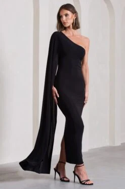 Kamila | Black Asymmetric Open-Back Maxi Dress With Cape Sleeve -ENY Clothing Shop WB CL133113002 KamilaBlackAsymmetricOpen BackMaxiDressWithCapeSleeve8
