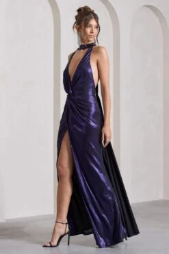 Lost | Purple Metallic Halter-Neck Cut-Out Split Maxi Dress With Drape -ENY Clothing Shop WB CL133124104 LostPurpleMetallicHalter NeckCut OutSplitMaxiDressWithDrape11
