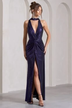 Lost | Purple Metallic Halter-Neck Cut-Out Split Maxi Dress With Drape -ENY Clothing Shop WB CL133124104 LostPurpleMetallicHalter NeckCut OutSplitMaxiDressWithDrape2