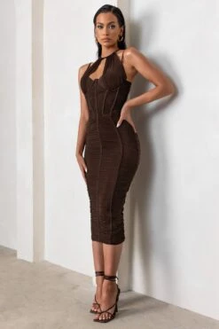 Liveliness | Mocha Halter Neck Midi Dress With Mesh Overlay -ENY Clothing Shop WB HRNEW CL127460 LivelinessMochaAsymmetricNeckCutOutRuchedMeshMidiDress2
