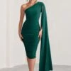 Yara | Bottle Green One Shoulder Cape Ruched Midi Dress -ENY Clothing Shop WB HR BR CL127661 YaraBottleGreenOneShoulderCapeRuchedMidiDress0