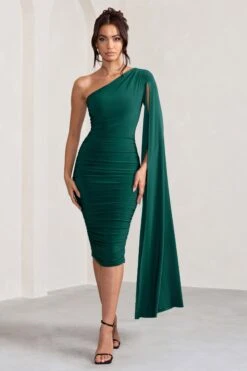 Yara | Bottle Green One Shoulder Cape Ruched Midi Dress